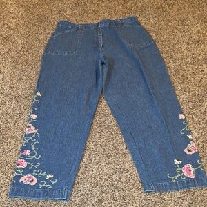 Roaman's Blue Jeans with Pink Floral Embroidery